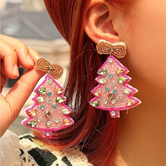 Pink Beaded Christmas Tree Dangle Earrings - Picture 2 of 3